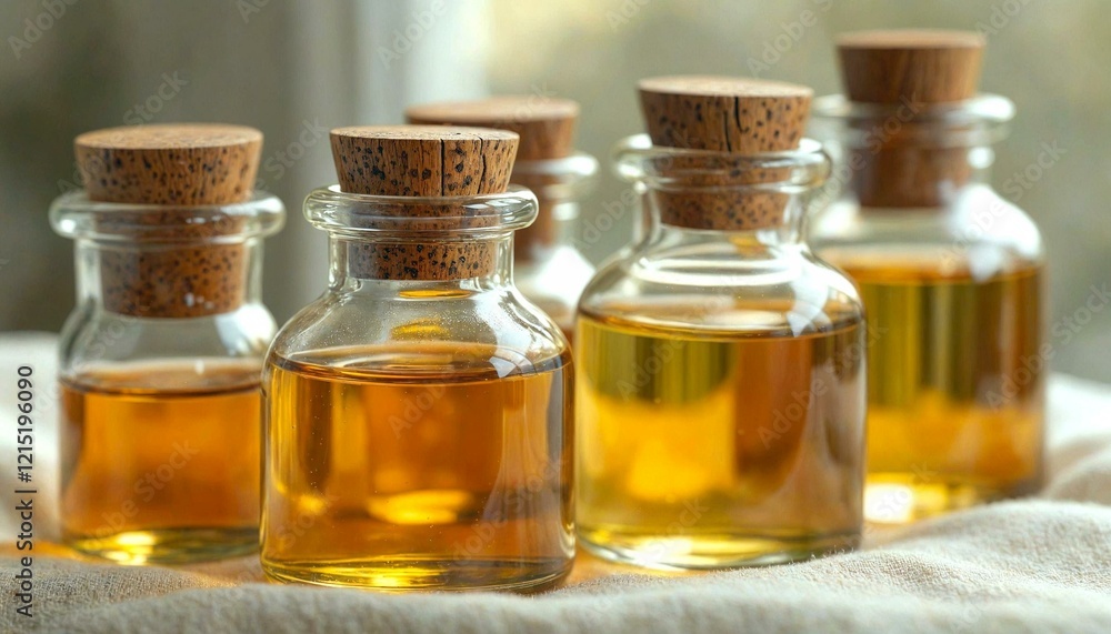Essential Oils in Glass Bottles on Linen Essential Oils in Glass Bottles on Linen