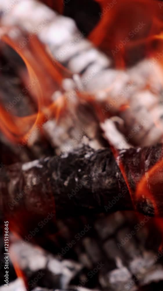 Firewood in flame close up. Detailed close up of warm fire with tongue of flame