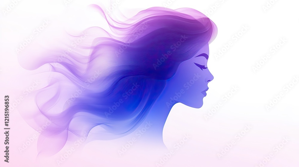 Woman's profile, flowing hair, pastel background, serenity, beauty Woman's profile, flowing hair, pastel background, serenity, beauty