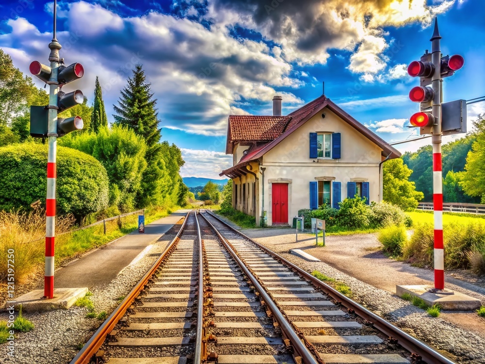 Fototapeta premium Panoramic Rural French Train Station: Pedestrian Crossing Safety