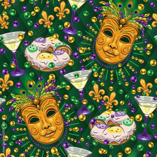 Carnival Mardi Gras green pattern with festive food, martini cocktail glass, king cake, golden venetian golden face mask with feathers, scattered beads, fleur de lis sign. Vintage style