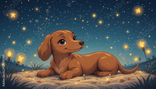 ute Dachshund Resting Under the Starry Night Sky While Surrounded by Soft Glowing Fireflies in a Warm and Cozy Vector Illustration Style