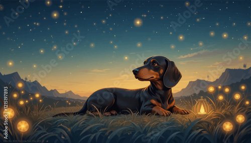ute Dachshund Resting Under the Starry Night Sky While Surrounded by Soft Glowing Fireflies in a Warm and Cozy Vector Illustration Style