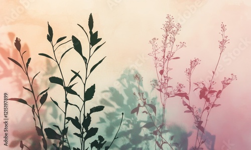 Silhouetted plants against a softly colored, mottled background.