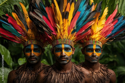 Photo of three men wearing very colorful feathered headdresses and face paint, with a jungle background.
 photo