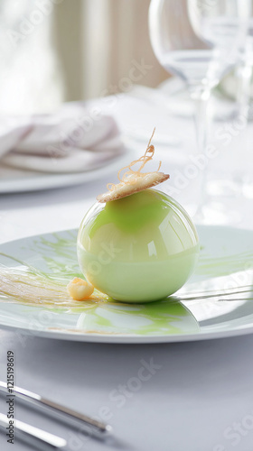 A modern pastel éclair sphere with a pistachio glaze, plated with white chocolate brushstrokes, citrus gel, and a delicate caramel tuile, creating an artistic, refined fine-dining dessert photo