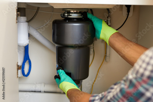 Repair Technician Installing a Kitchen Garbage Disposal Unit Under the Sink For Efficient Waste Management