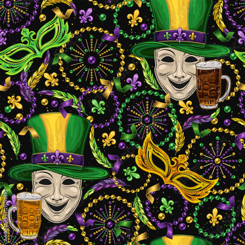 Seamless pattern with theatrical comedy face mask in green tall hat, scattered fleur de lis, strings of beads, confetti. Mardi Gras carnival design. Vintage illustration for holiday, party design
