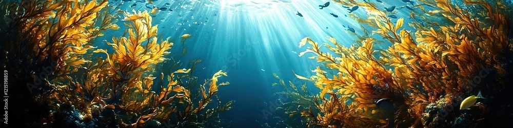 In the deep sea, golden seaweed grows in dense thickets and shines with sunlight. In the deep sea, golden seaweed grows in dense thickets and shines with sunlight.