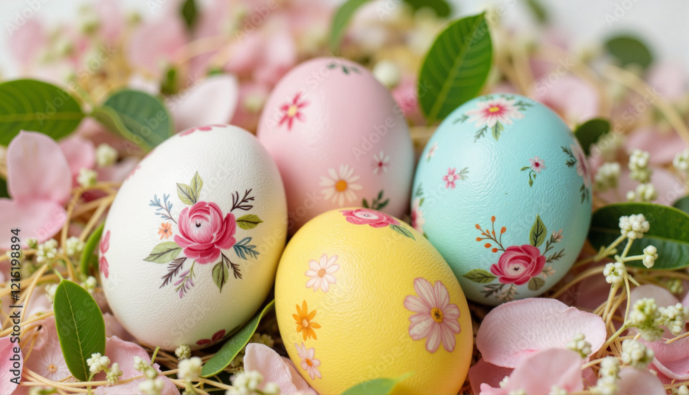 Fototapeta premium Decorative Easter eggs with floral designs on soft petals