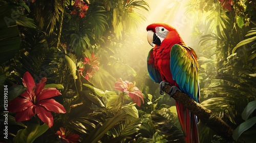 Scarlet Macaw perched on branch, lush rainforest, sunlit foliage, exotic bird photo