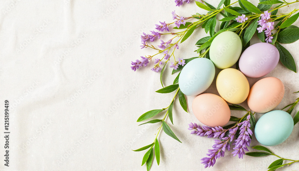 Colorful Easter eggs surrounded by flowers on soft background Colorful Easter eggs surrounded by flowers on soft background
