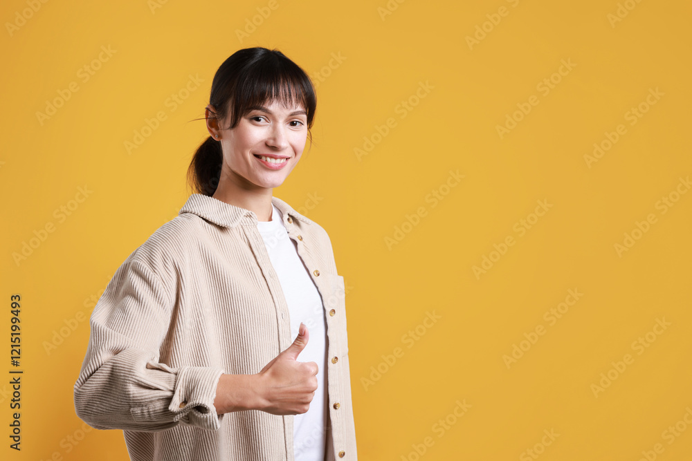 Happy woman showing thumbs up on orange background, space for text. Like gesture Happy woman showing thumbs up on orange background, space for text. Like gesture