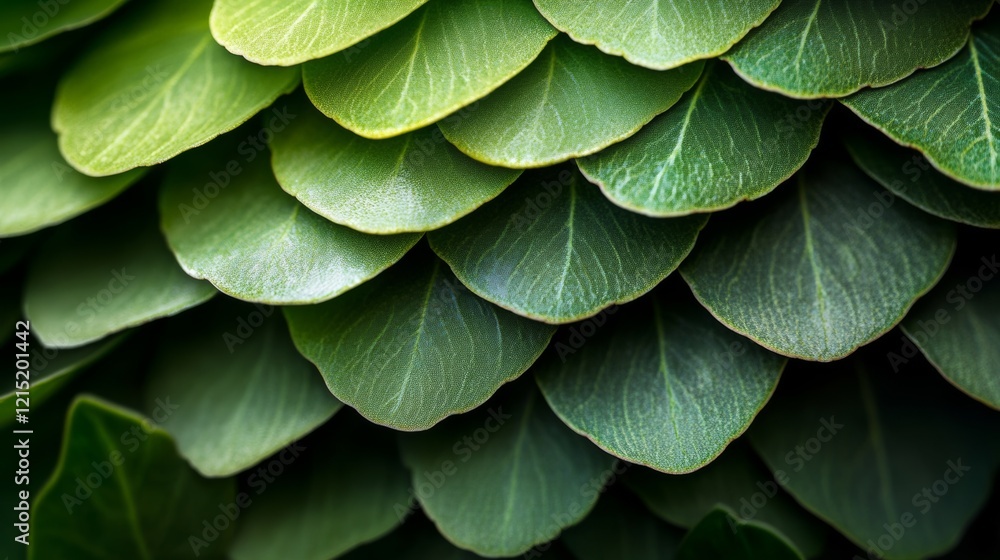 Naklejka premium Close-up of vibrant green leaves arranged in a perfect pattern, showcasing nature's intricate design and lush textures.