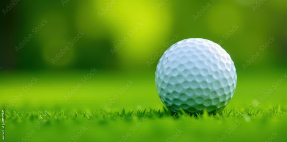 Immaculately clean golf ball sits on vibrant green lawn , bright, stock photo, ball Immaculately clean golf ball sits on vibrant green lawn , bright, stock photo, ball