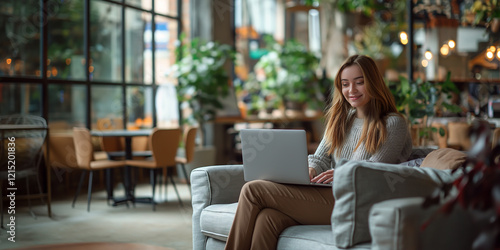 A woman is sitting on a couch with a laptop in front of her Free Download A woman is sitting on a couch with a laptop in front of her - GFXLoad