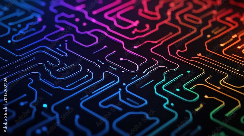 A vibrant, abstract representation of circuit patterns illuminated with rainbow colors against a dark background. A vibrant, abstract representation of circuit patterns illuminated with rainbow colors against a dark background.