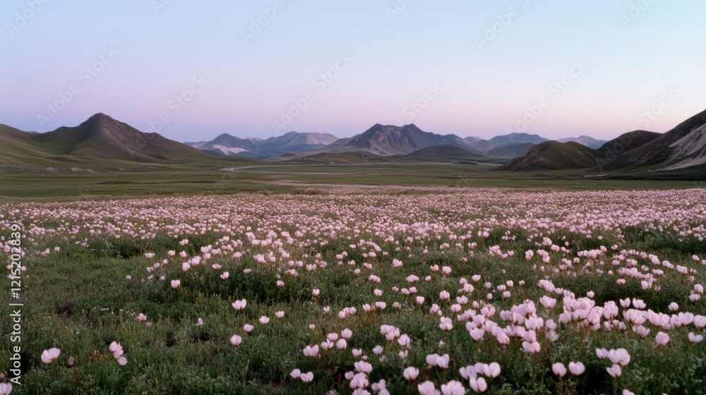 Obraz premium Expansive field of pink flowers stretches towards distant mountains under a pastel sky.