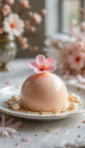 A dome-shaped sakura blossom dessert with a pastel peach glaze, topped with a sakura petal, yuzu curd, meringue kisses, and crushed pistachio