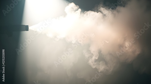 stock photo, electric vivid colors A disinfectant fogger emits a mist, its particles brightly illuminated, showcasing even distribution.  The clean background  photo