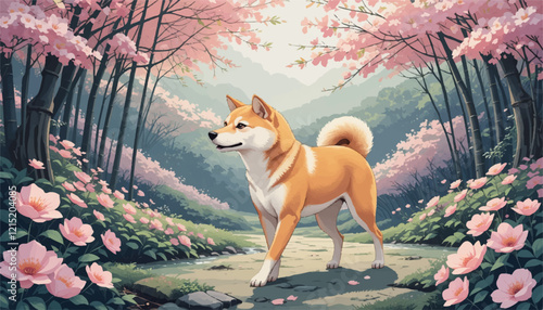 Shiba Inu Walking Curiously Through a Serene Japanese Garden Filled with Cherry Blossoms and Bamboo in an Elegant and Delicate Vector Illustration Style