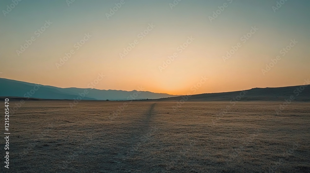 Sunset over a vast grassy plain with distant mountains Sunset over a vast grassy plain with distant mountains