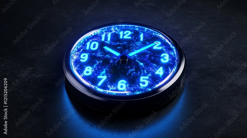 Futuristic Glowing Blue Holographic Clock - A futuristic 3D holographic clock displays the time with vibrant blue glowing numerals. It symbolizes technology, time, innovation, the future, and progres Futuristic Glowing Blue Holographic Clock - A futuristic 3D holographic clock displays the time with vibrant blue glowing numerals. It symbolizes technology, time, innovation, the future, and progres