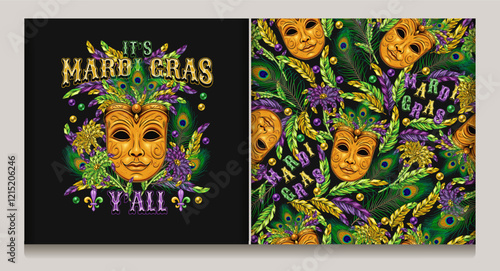 Mardi Gras emblem with golden venetian face mask with feathers, beads, glossy text. Seamless pattern with mask, scattered feathers, beads. Vintage style