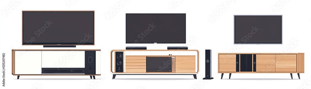 Modern TV stands with sleek designs and minimalistic style, set against a white isolated background. Modern TV stands with sleek designs and minimalistic style, set against a white isolated background.