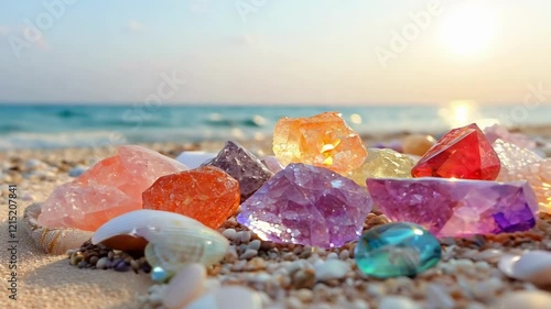Colorful gemstones and seashells glistening on sandy beach at sunrise for natural beauty, serenity and coastal charm