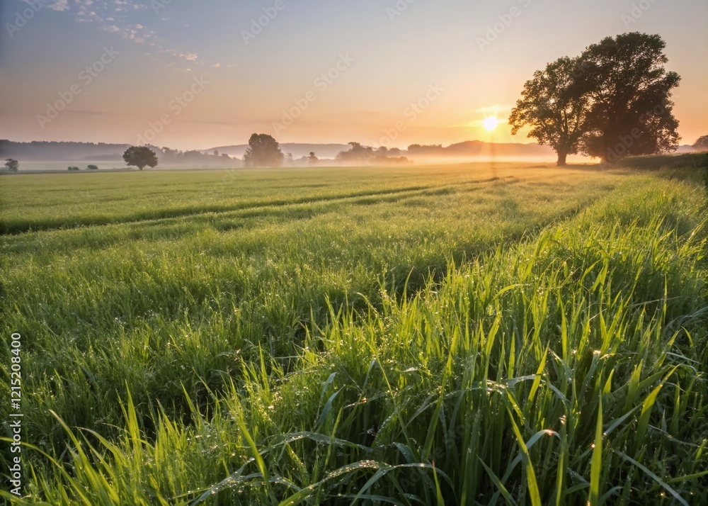 Lush Summer Meadow at Sunrise: Vibrant Green Grass Field Stock Photo Lush Summer Meadow at Sunrise: Vibrant Green Grass Field Stock Photo