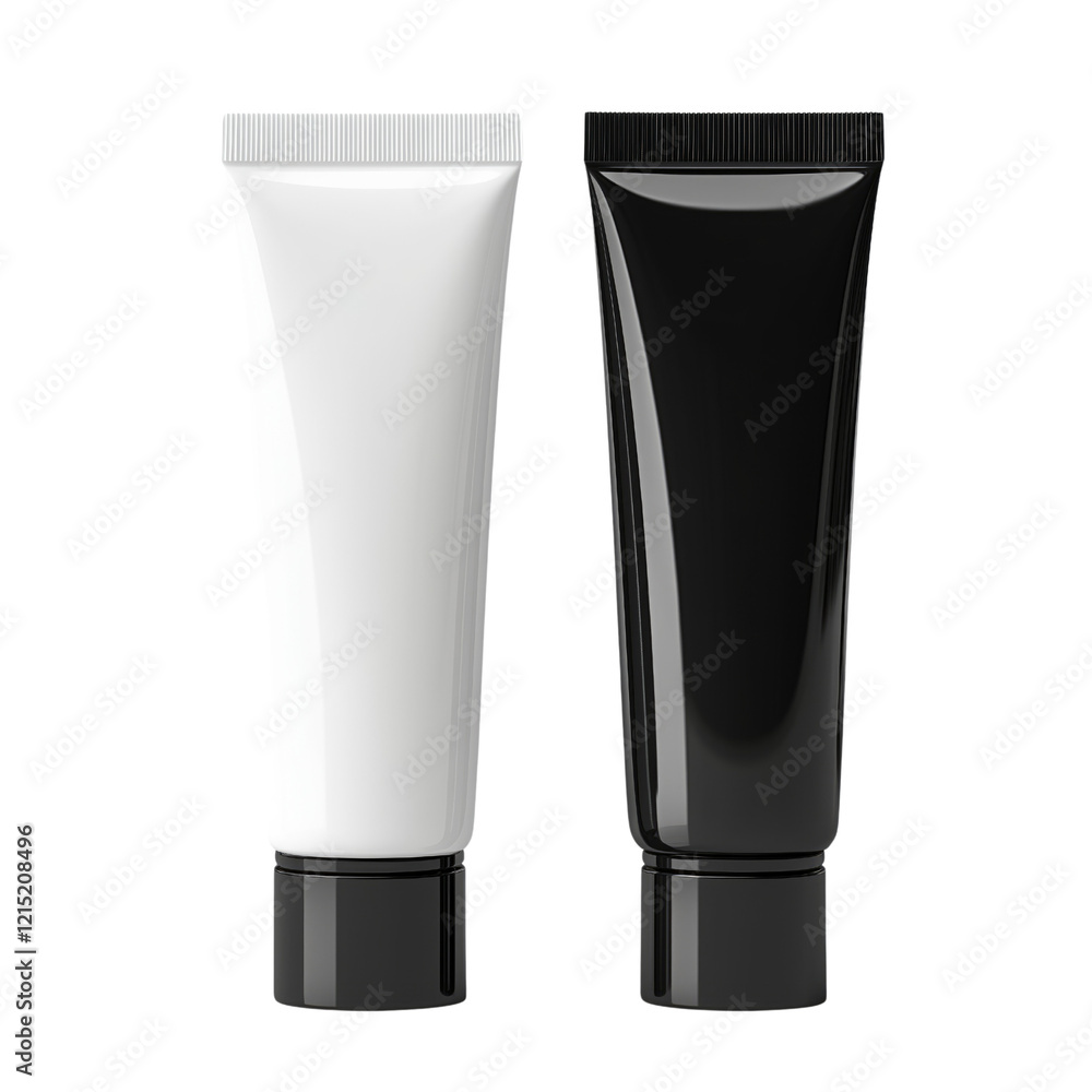 Black and white cosmetic tubes with minimalist design on white or transparent background Black and white cosmetic tubes with minimalist design on white or transparent background