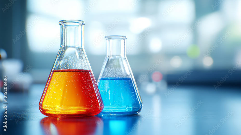 Laboratory Glassware Cleaning Solutions - Clean lab glassware with vibrant orange and blue solutions. Science, chemistry, research, experiment, and analysis. Laboratory Glassware Cleaning Solutions - Clean lab glassware with vibrant orange and blue solutions. Science, chemistry, research, experiment, and analysis.