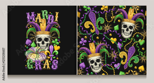 Seamless Mardi Gras pattern with skull in jester hat, beads, streamer ribbons, card suits icons, trinket, Fleur de Lis sign. Emblem with harlequin skull, traditional festival food king cake, text