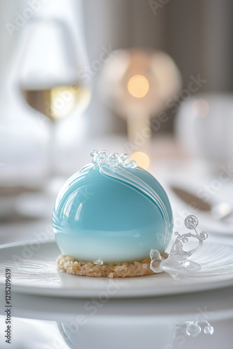 A pastel blue velvet orb dessert with a glossy glaze, almond biscuit base, honeycomb mousse, and blueberry coulis, enhanced with sugar dewdrop decorations and soft
