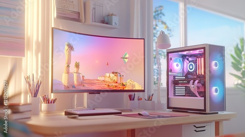 Dreamlike Desktop Setup With Modern PC and Curved Monitor