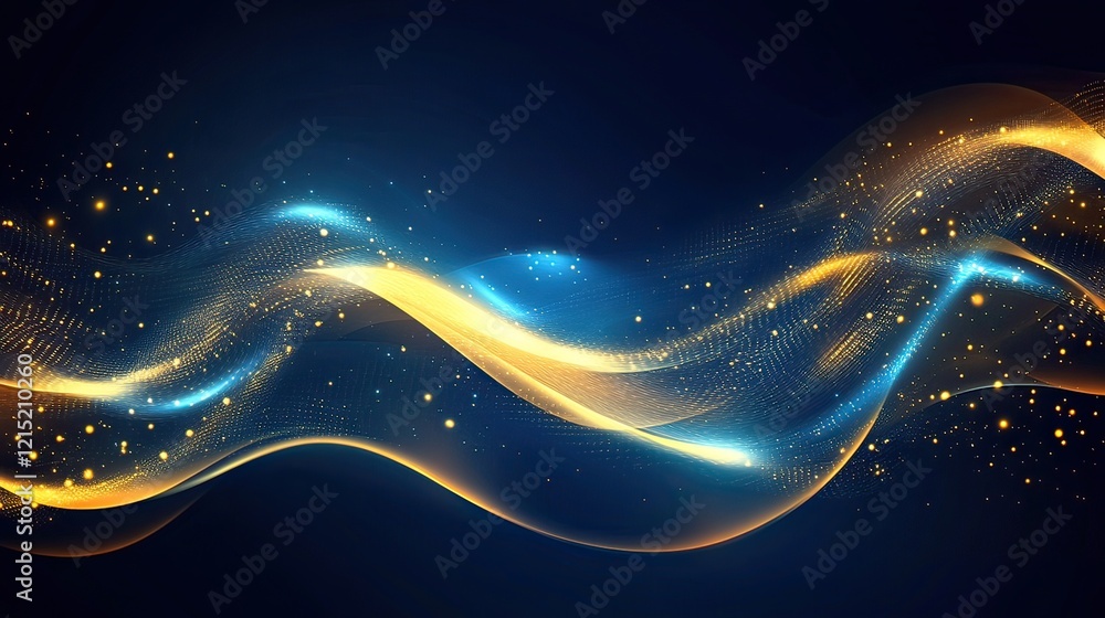 Golden blue wave energy flow, dark background, abstract design Golden blue wave energy flow, dark background, abstract design