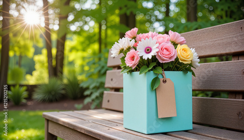 Colorful flower bouquet in a decorative gift box on wooden bench in sunny garden