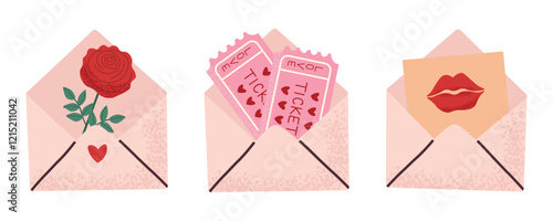 Romantic elements set. Envelopes with ticket, rose and kiss notification. Message in love concep