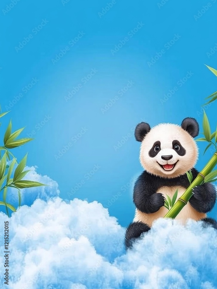 Naklejka premium Panda in Clouds with Bamboo - Adorable panda bear sitting amongst fluffy clouds, holding a stalk of bamboo. Perfect for children's products, websites, or educational materials.