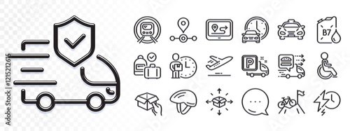 Plane, Food delivery and Bicycle helmet line icons for web app. Glare of light effect. Message icon. Pack of Disability, Hold box, Diesel canister pictogram icons. Vector