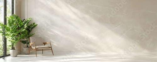 A serene interior featuring a minimalist chair and lush greenery, illuminated by natural light from large windows.
