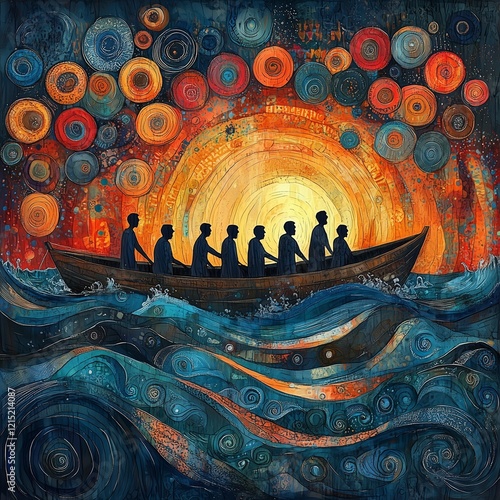 Refugees on a big rubber boat in the middle of the sea that require help. Migrants crossing the sea. Ai generative