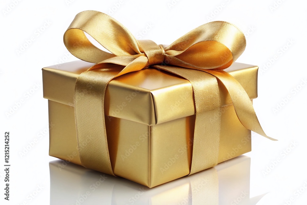 Luxurious Golden Gift Box with Ribbon Bow, Isolated on White Background - Premium Stock Photo Luxurious Golden Gift Box with Ribbon Bow, Isolated on White Background - Premium Stock Photo