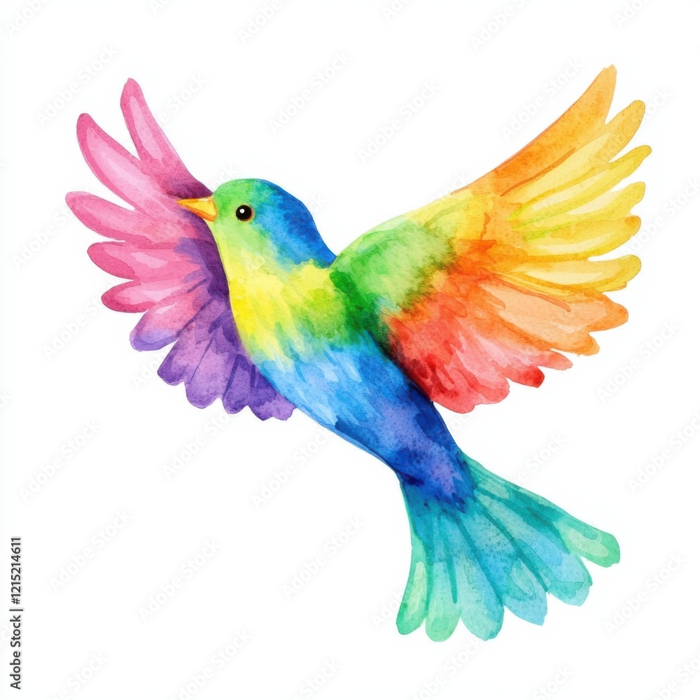 Obraz premium Colorful watercolor bird in flight nature scene illustrative art outdoor artistic expression, isolated on white background