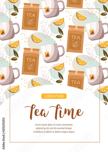 Tea time concept. White tea mug and lemon pattern on white background. Template for poster, card, flyer