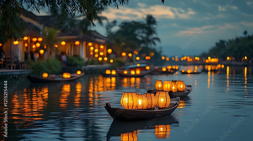 Obraz premium Hoi An lanterns float on river at dusk