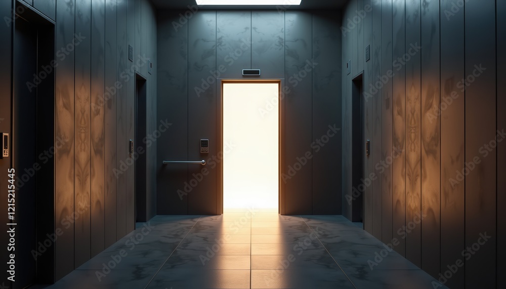 Fototapeta premium Elevator doors opening to glowing light in a dark, futuristic setting