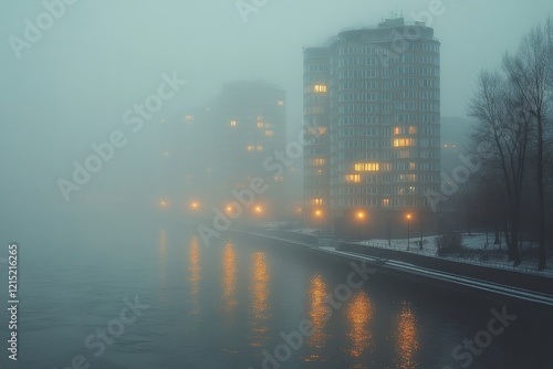 Fog envelops the city, where lights twinkle from buildings along the riverside at dusk photo