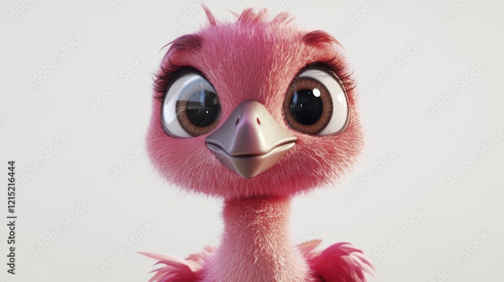 Fototapeta premium Adorable cartoon pink ostrich with big eyes and fluffy feathers